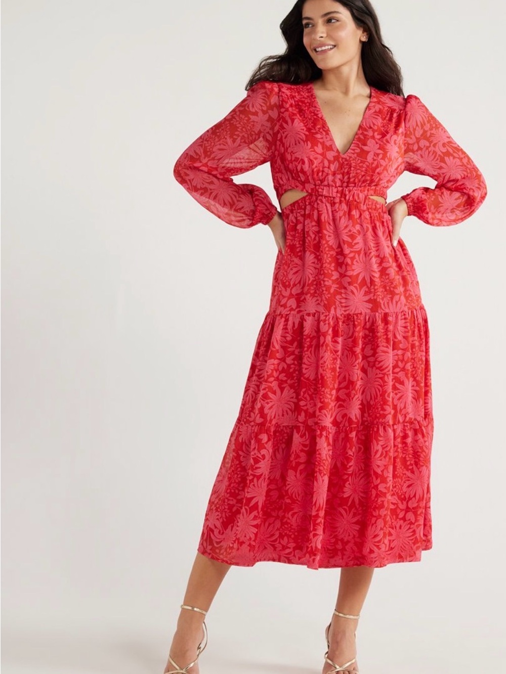 Sophia Vergara Plus Size Cutout Waist Red Floral V-Neck Midi Dress